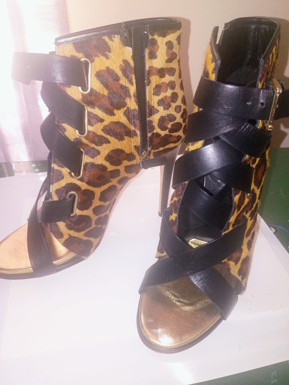 Women's Leopard Print Strappy Ankle Boots - Black & Brown